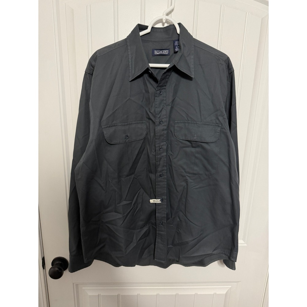 Lands End Shirt Mens Large Gray Standard Fit Button Down Long Sleeve EUC